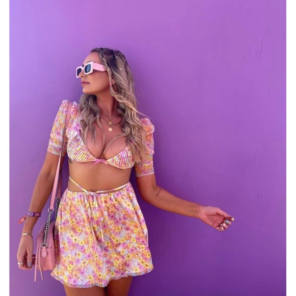 For Love & Lemons Floral Pleated Sheer Sleeve Crop Top Blouse Pink Yellow XL NWT